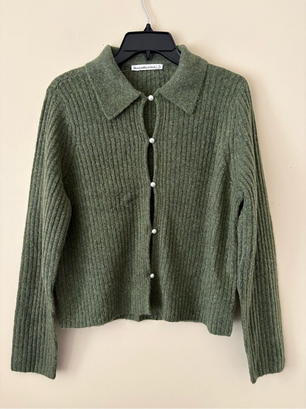 Abercrombie & Fitch Olive Green Ribbed Pearl-Button Wool Blend Cardigan Sz.S